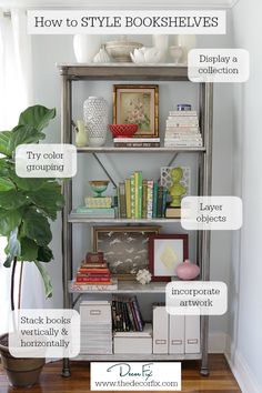 a book shelf filled with books on top of a wooden floor next to a potted plant