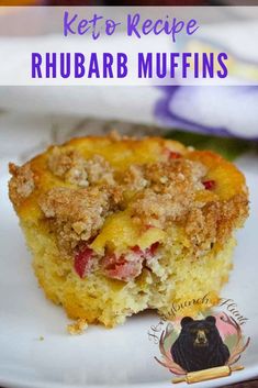 a close up of a muffin on a plate with the words keto recipe rhubarb muffins