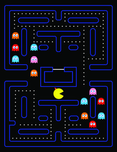 the pacman game is shown in blue and red