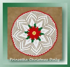 a white doily with a red poinsettia on it and the words poinsettia christmas doily