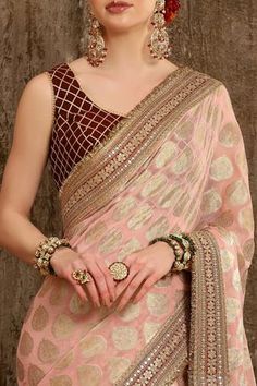 Shop for Shikhar Sharma Pink Georgette Ornamental Woven Saree With Blouse for Women Online at Aza Fashions Placement Pattern, Princess Cut Blouse, Dori Work, Saree Georgette, Paisley Motifs, Cut Blouse, Purple Saree, Blouse Silk, Georgette Blouse