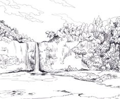 a black and white drawing of a waterfall