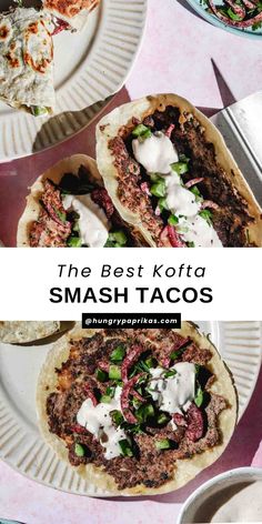 Smash tacos have been trending on the internet, and I could not resist trying them out for myself. But I had to make them with a middle eastern twist. These Smash Kofta Tacos have a crispy tortilla base, juicy spiced beef, creamy white sauce and crunchy veggies. They are the perfect quick, easy and fun meal to whip up on a weeknight. Hungry Paprikas, Smash Tacos, Shawarma Sauce, Ramadan Recipes Iftar, Paprika Recipes, Middle Eastern Salads, Creamy White Sauce, Crunchy Veggies, Impressive Dinner