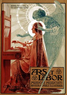 an old fashioned poster for the music and musical festival, featuring an angel sitting at a desk