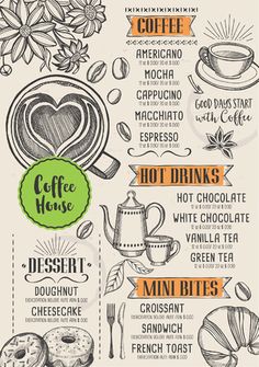 a menu for coffee house with different types of drinks