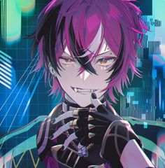 an anime character with purple hair and black gloves holding his hand up to his face