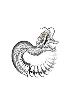 a black and white drawing of a snake with orange eyes on it's head