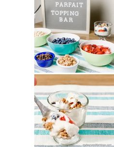 two pictures of different foods in bowls and one with yogurt, strawberries and blueberries