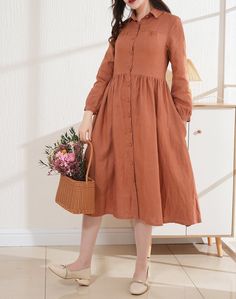 Shirt dress, linen dress, spring dress women, beach dress, boho dress, Long linen dress，long sleeve linen dress Casual Linen Dress For Fall Beach Outings, Casual Long Sleeve Linen Summer Dress, Casual Linen Dress For Beach In Fall, Casual Long Sleeve Linen Dress For Summer, Vintage Long Sleeve Linen Dress For Spring, Long Sleeve Brown Midi Summer Dress, Vintage Linen Dress For Spring, Spring Vintage Linen Dress, Vintage Long Sleeve Linen Dress For Summer