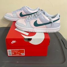 Nike Dunk Low Mineral Teal Gs 100% Authentic!! 4.5 Gs ( Womens 6) 5 Gs ( Womens 6.5) 5.5 Gs ( Womens 7) 6 Gs ( Womens 7.5) 6.5 Gs (Womens 8) 7 Gs (Womens 8.5) Pink Low-top Basketball Shoes With Gum Sole, Pink Basketball Shoes With Gum Sole For Sports, Pink Skate Shoes With Cushioned Footbed, Sporty Pink Slip-on Skate Shoes, Pink Nike Skate Shoes With Cushioned Footbed, Pink Skate Shoes With Cushioned Footbed For Sports, Pretty Shoes Sneakers, Silver Sneakers, Cute Nike Shoes