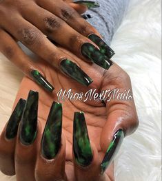 Black And Green Nails Acrylic, Black And Green Nails, Green Nails Acrylic, Bandana Nails, Black Marble Nails, Marble Acrylic Nails, Black Halloween Nails, Emerald Nails, Almond Acrylic