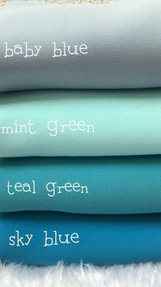 four sheets stacked on top of each other with the words baby blue, mint green, teal green and sky blue