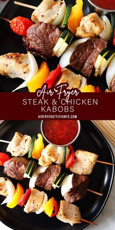 steak and chicken kabobs on skewers with marina sauce