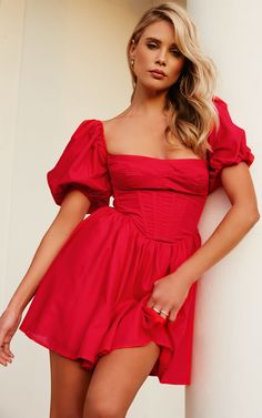 Souza Mini Dress - Fit and Flare Puff Sleeve Corset Dress in Red | Showpo USA Basic Black Dress, Bachelorette Dress, Flared Mini Skirt, Navy Bridesmaid Dresses, Long Sleeve Dress Formal, White Long Sleeve Dress, Corset Mini Dress, Long White Dress, Puff Sleeve Dresses