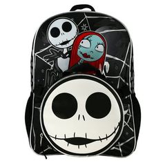 Celebrate the citizens of Halloweentown any time of year with this Nightmare Before Christmas lunch tote and backpack. The lunch tote is designed to look like Jack Skellington's face while the backpack features Jack, Sally, and Zero standing in front of a black background decorated with cobwebs. The backpack is equipped with a padded back and padded shoulder straps to keep kids comfy while a side air mesh pocket provides extra storage. Fans of the Nightmare Before Christmas movie will love this fun backpack and lunch tote. Size: One Size.  Gender: unisex. Jack Skellington Head, Nightmare Before Christmas Backpack, Disney Princess Backpack, Jack Y Sally, Nightmare Before Christmas Movie, Princess Backpack, Kei Visual, Bags Ideas