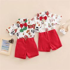 Boys' Clothing - Momorii 2 Pieces Outfits, Pieces Outfits, Animal Print Shirts, Tie Shorts, Toddler Christmas, Short Sleeve Shirts, Toddler Kids, Red Shorts, Color Shorts