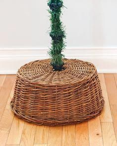 a wicker basket with a small green plant on top