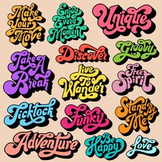 some type of stickers that are in different colors and font styles on a white background