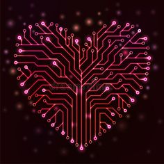 an electronic circuit board in the shape of a heart on a dark background with pink lights