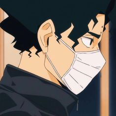 an anime character with black hair wearing a face mask