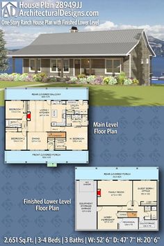 two story house plan with 3 beds and 2 baths in the front, an open floor plan