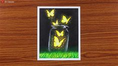 some yellow butterflies are in a glass jar