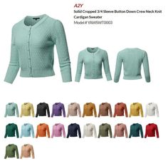 A2Y Women's Solid Cropped 3/4 Sleeve Button Down Crew Neck Knit Cardigan Sweater SIZE Available in 7 sizes: Small, Medium, Large, X-Large,1XL,2XL,3XL MEASUREMENTS (Inches)YAWSWT0003 S - Chest : 34 / Shoulder : 13.25 / Sleeve : 18.25 / Length : 17.75 M - Chest : 36 / Shoulder : 13.5 / Sleeve : 18.5 / Length : 18.75 L - Chest : 38 / Shoulder : 13.75 / Sleeve : 18.75 / Length : 19.5 XL - Chest : 40 / Shoulder : 14 / Sleeve : 18.75 / Length : 19.75 1XL - Chest : 46 / Shoulder : 16 / Sleeve : 18 / Le Knit Sweater Cardigan, Cardigan Sweater, Knit Cardigan, Sweater Outfits, Sweater Sizes, Sweater Cardigan, Button Downs, Women Accessories, Crew Neck