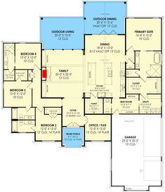 the first floor plan for a home with two master suites and an attached garage area