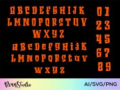 an orange and black font set with numbers on the bottom, upper and lower letters