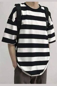 Casual Striped Color Loose Oversize Shirt – Tomscloth Baggy Striped Shirt, Big Striped Shirt Outfit, Striped Cotton Top For Streetwear, Casual Striped Shirt With Graphic Print, Striped Cotton Shirt For Streetwear, Oversized Striped Tops For Streetwear, Striped Graphic Print Shirt For Streetwear, Striped Oversized Crew Neck Top, Oversized Striped Crew Neck Top