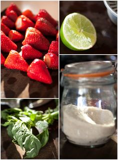 four different pictures show strawberries, limes, and other ingredients to make this smoothie