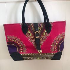 Stunning! Magenta, Lime, Purple Multicolored African Handbag With Gold Detail. Matching Hand Purse Included. Never Used. Casual Purple Rectangular Satchel, Everyday Pink Fabric Bags, Pink Fabric Shoulder Bag For Daily Use, Casual Purple Shoulder Bag Satchel, Casual Purple Shoulder Satchel, Pink Fabric Shopping Bags, Casual Purple Shoulder Bag, Casual Purple Satchel With Double Handle, Casual Purple Satchel With Adjustable Strap