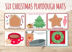 six christmas playdough mats with pictures of different things on them and the words six christmas playdough mats