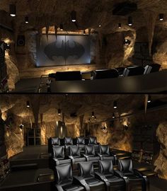 the interior of a movie theater with black leather chairs and batman themed screensavers