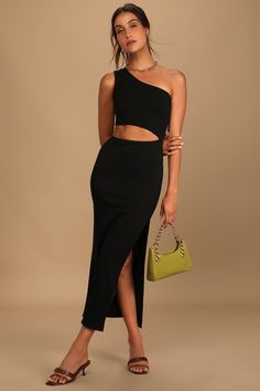 Casual gets a hot upgrade with the Lulus Spice Things Up Black Cutout Midi Dress! Ribbed stretch knit shapes this flirty dress that has a wide strap, a one-shoulder neckline, and a fitted bodice. An asymmetrical waist cutout tops a bodycon midi skirt with a thigh-high side slit. Fit: This garment fits true to size. Length: Mid-calf length. Size medium measures 50" from shoulder to hem. Bust: Great for any cup size. Waist: Fitted - stretchy fabric allows custom fit. Hip: Fitted - stretchy fabric Cutout Midi Dress, Bodycon Midi Skirt, Resort Wear For Women, Flirty Dresses, Ribbed Midi Dress, Lulu Dresses, Bodycon Midi, Cutout Dress, Midi Dress Bodycon