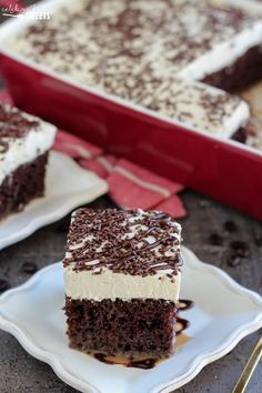 two pieces of chocolate cake on plates next to a red pan with white frosting