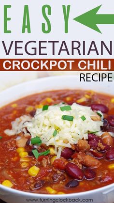 easy vegetarian crockpot chili recipe in a white bowl