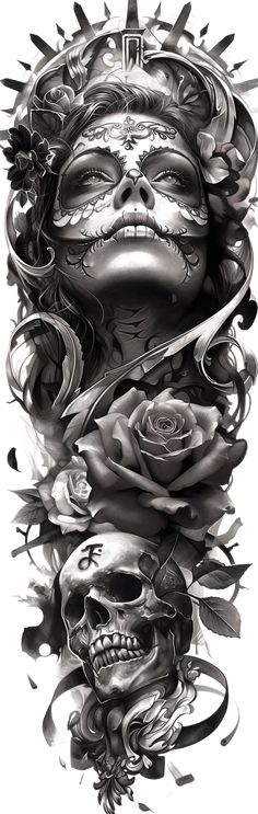 a black and white drawing of a skull with roses