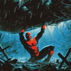 a painting of a spider man in the water with his arms up and legs spread out