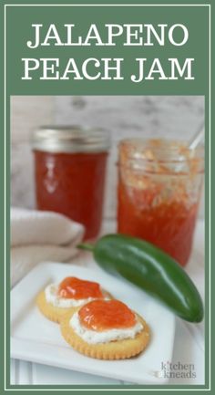 the cover of jalapeno peach jam is shown on a white plate with a green leaf