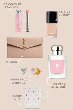 valentine’s day gifts for her: dior lip glow chanel nail polish jo malone blush rose perfume heart shaped earrings heart coffee mug Chanel Nail Polish, Dior Lip, Dior Lip Glow, Chanel Nails, Heart Coffee, Rose Perfume, Coffee Heart, Rose Blush, Earrings Heart