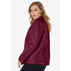 The classic look of your favorite jean jacket in irresistibly soft genuine leather. Chest pockets; shirt collar; single-button cuffs; button front. Mens Car Coat, Style Leather Jacket, Distressed Leather Jacket, Martine Rose, Plus Size Denim, Rich Burgundy, Leather Denim, Tunic Tank Tops, Denim Style