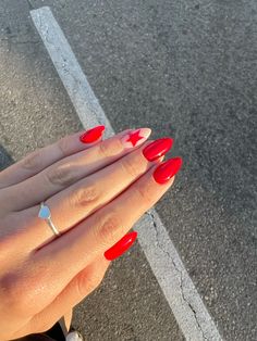 Red Nails With Lighting Bolt, Nails That Look Good With Red Dress, Red Nail Almond Designs, Hoco Nails To Go With A Red Dress, Simple Red Design Nails, Red Preppy Nails, Red Nail Acrylic Designs, Crazy Fun Nail Designs, Christmas Nail Designs Red And White