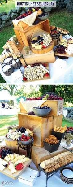 an assortment of cheeses and other foods on a picnic table with the words rustic cheese display