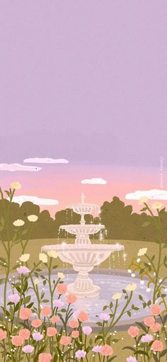 a painting of a fountain surrounded by flowers in the foreground and a purple sky