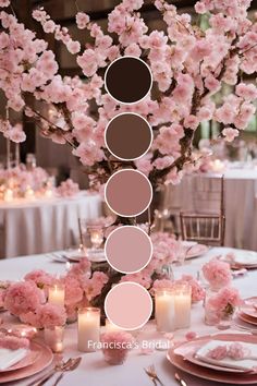 the table is set with pink flowers, candles and place settings for an elegant wedding