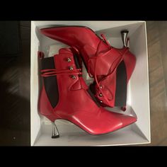 Leather, Contrasting Applications, Solid Color, Laces, Narrow Toeline, Spool Heel, Leather Lining, Leather Sole, Elegant Red Lace-up Boots, Designer Red Boots For Formal Occasions, Designer Red Formal Boots, Spool Heel, Shoes Soft, Shoe Closet, Soft Leather, Bootie Boots, Ankle Boots