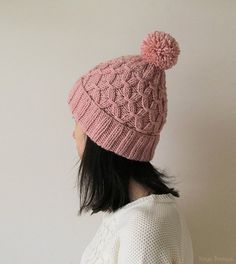 Hand Knitted Hat in Powder Pink - Womens Pom Pom Hat - Beanie with Pom Pom - Seamless - Wool Blend Pink Knit Hat, Beanie With Pom Pom, Hexagonal Pattern, Beanie With Pom, Pink Beanie, Chunky Hat, Cashmere Hat, Pink Beanies, Fingerless Gloves Knitted