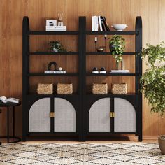 a black bookcase with two doors and baskets on the bottom shelf next to a potted plant