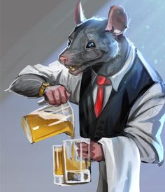 a rat in a suit holding two mugs of beer